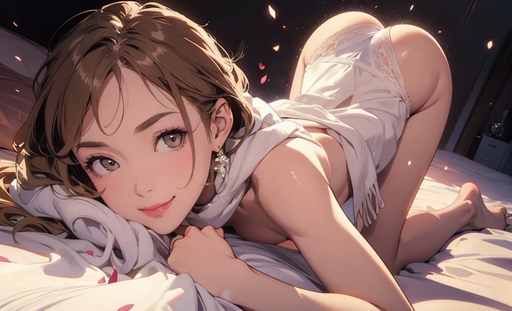 Masterpiece, high resolution animation, super high resolution rendering, (single woman), dark bedroom background, nude woman, woman lying face down with arms outstretched on white sheets, facing the viewer, light brown hair, (beautiful face), pink lips, smiling face, scarf around neck, buttocks raised by knees behind, white panties on buttocks