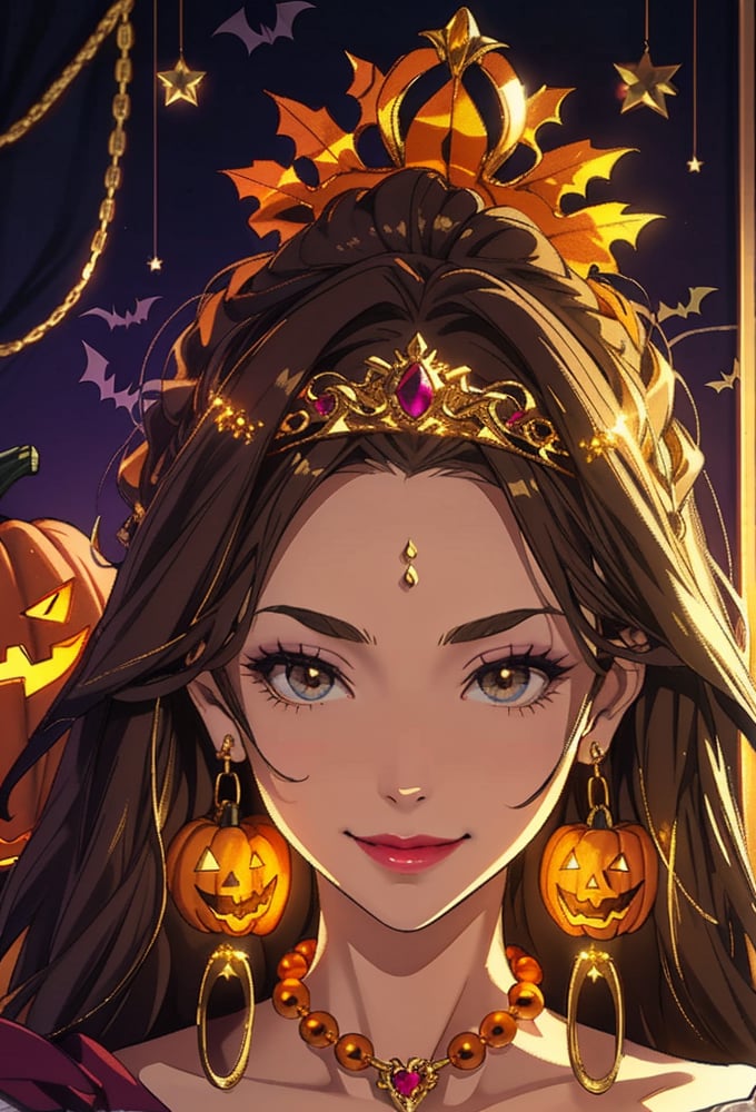 masterpiece, high resolution animation, (single female), dark bedroom background, queen with gold tiara on her head, long brown hair, (pretty face), kind smile, (shiny halloween pumpkin earrings on her ears), gold necklace