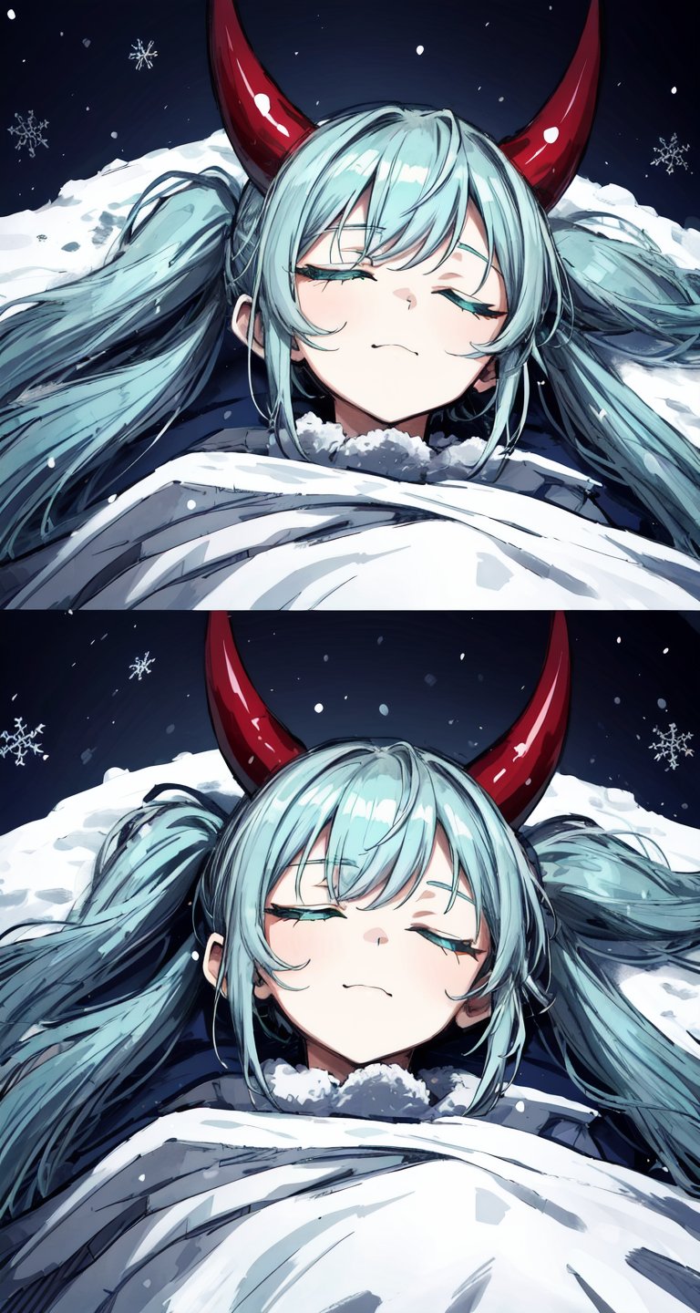 ((Exquisite)), ((Masterpiece)), ((Detailed)), ((Charm)), ((from below)),((far)), whole body, solo, girl, light blue twintails, blue pupils, green eyes,((little devil horns)), ((close two eyes, sleeping)), wearing Robe with dark blue crystal fringes, sleeping bag wrapped around the body, sleeping peacefully in the sleeping bag, snow in the cave, calm expression, dead trees, snowflakes falling gently outside the cave, cold feeling