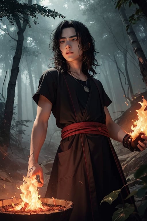 (masterpiece, best quality, official art, beautiful and aesthetic), 12 year old boy in dark jungle, wearing black dress, malicious black fire elemental,  (burning forest), determined for revenge, glowing eyes and mouth, trees on fire and rising smoke background, faint blue hue, swirling fire, mythical, mystical, magical aura, black hue ,nar_kurenai_yuhi