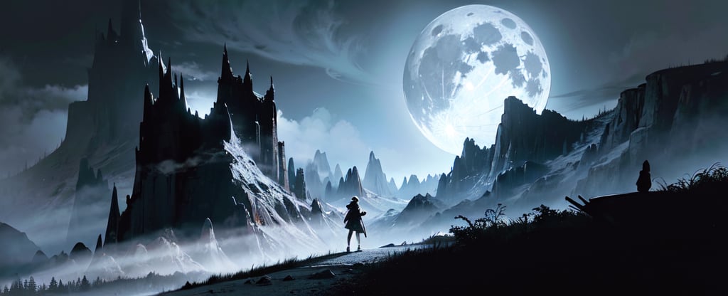 big moon in the background, dark mountain top, very tall dark mountain range, dark jungle at the feet of the mountain, piercing clouds and sky above, devilish aura, mysterious dark fantasy, black mist, rugged mountain, dangerously tall and straight, dangerously snowy mountain top,day,KnollingCaseQuiron style, (((((dark fantasy))))), ultra realistic, 8k, (((luminance))) ,Science Fiction,GlowingRunes_