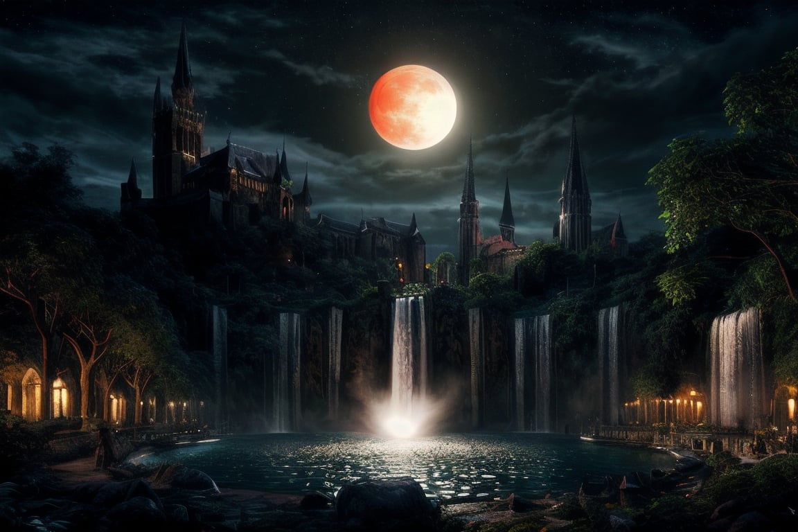 (masterpiece, best quality, high quality, highres, ultra-detailed), (dark fantasy:1.3) , very big red moon in the background, a mystical port city with many gothic cathedral and waterfalls and a lush vegetation and fountains and a beautiful view of the landscape by Raymond Swanland, trending on devianart , gothic , medival , dark theme