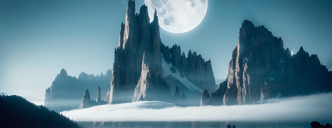 big moon in the background, dark mountain top, very tall dark mountain range, dark jungle at the feet of the mountain, piercing clouds and sky above, devilish aura, mysterious dark fantasy, black mist, rugged mountain, dangerously tall and straight, dangerously snowy mountain top,day,KnollingCaseQuiron style, (((((dark fantasy))))), ultra realistic, 8k, (((luminance))) ,Science Fiction,GlowingRunes_
