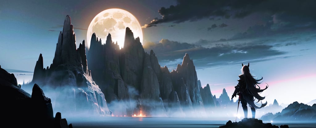 big moon in the background, dark mountain top, very tall dark mountain range, dark jungle at the feet of the mountain, piercing clouds and sky above, devilish aura, mysterious dark fantasy, black mist, rugged mountain, dangerously tall and straight, dangerously snowy mountain top,day,KnollingCaseQuiron style, (((((dark fantasy))))), ultra realistic, 8k, (((luminance))) ,Science Fiction,GlowingRunes_