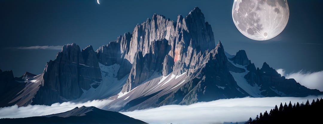 dark night, big moon in the background, dark mountain top, very tall dark mountain range, dark jungle at the feet of the mountain, piercing clouds and sky above, devilish aura, mysterious dark fantasy, black mist, rugged mountain, dangerously tall and straight, dangerously snowy mountain top,day,KnollingCaseQuiron style, dark fantasy, ultra realistic, 8k,Science Fiction,GlowingRunes_
