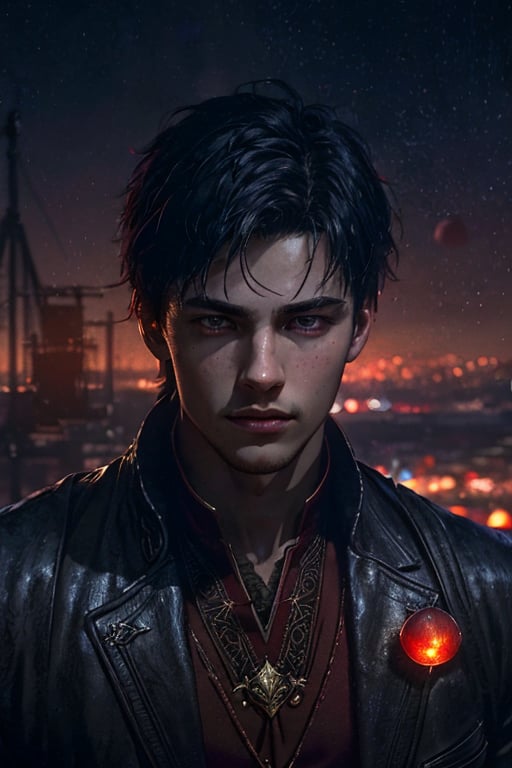 fantasy world with red moon, 15 year old western high school boy, reddish atmosphere,  city background ((dark background:1.2)),((night view:1)),((light bokeh)),detailed, sharp focus, photo by greg rutkowski, soft lighting, (masterpiece), (detailed face:1.2),highly detailed,best quality,16k,