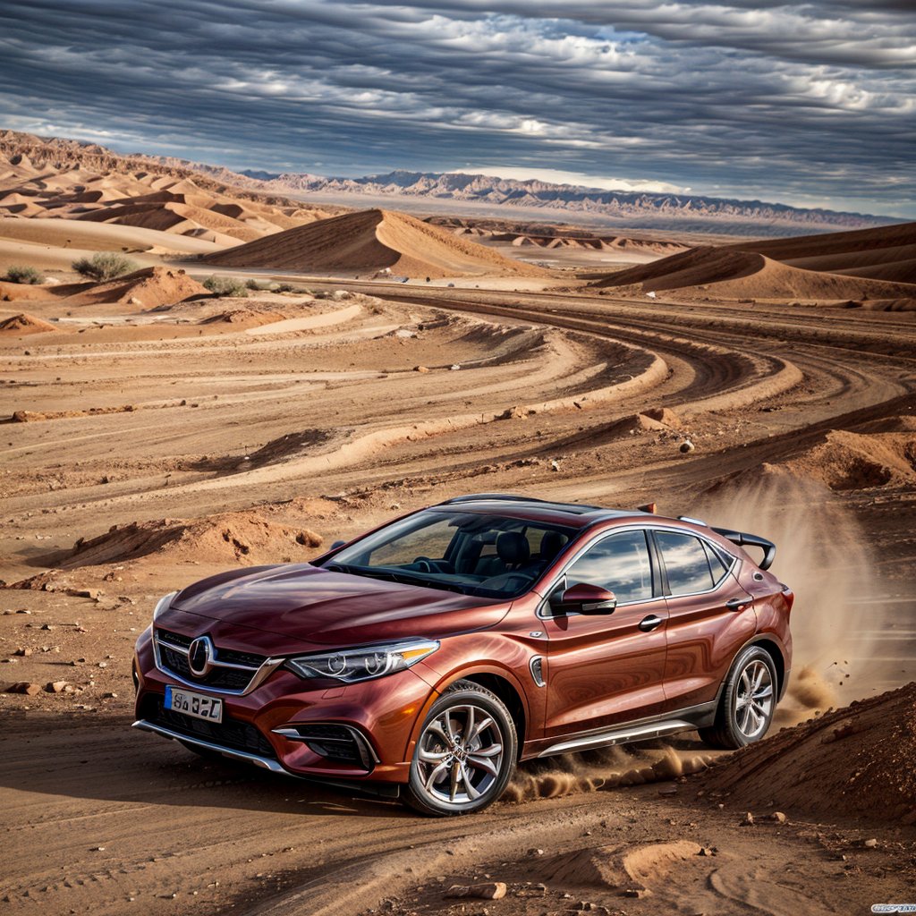 Close-up macro a high-speed shot of a red chrome car  in the middle of the desert, ominous sky, highly detailed, epic, high quality, close-up, brilliant colors, sharp details, HD, extremely detailed, aesthetic, concept art, ultra-fine details, breathtaking, bright colors, breathtaking, cartoon style, pictorial art, high quality, 8k resolution, sharp focus, with blurry motion capturing its speed as it hurtles toward the camera.
