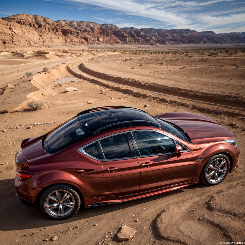 Close-up macro a high-speed shot of a red chrome car  in the middle of the desert, ominous sky, highly detailed, epic, high quality, close-up, brilliant colors, sharp details, HD, extremely detailed, aesthetic, concept art, ultra-fine details, breathtaking, bright colors, breathtaking, cartoon style, pictorial art, high quality, 8k resolution, sharp focus, with blurry motion capturing its speed as it hurtles toward the camera.
