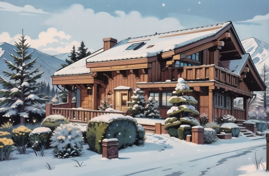 Mountain cottage in snowy landscape, disney style, illustration style