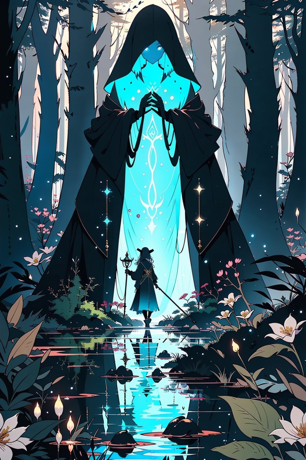 A detailed illustration of the same female fantasy sorceress, now exploring a mysterious, enchanted forest. This forest brims with ancient magic, with trees that seem to whisper secrets and a mist that shrouds the path in a ghostly veil. The sorceress walks cautiously, her staff illuminating her path with a soft, ethereal glow. Strange, luminous creatures watch from the shadows, their eyes glinting in the darkness. The air is heavy with the scent of unknown flowers and the distant sound of a magical stream. Despite the eerie atmosphere, the sorceress appears calm and composed, her eyes alert for any hidden dangers or wonders this mystical forest might reveal