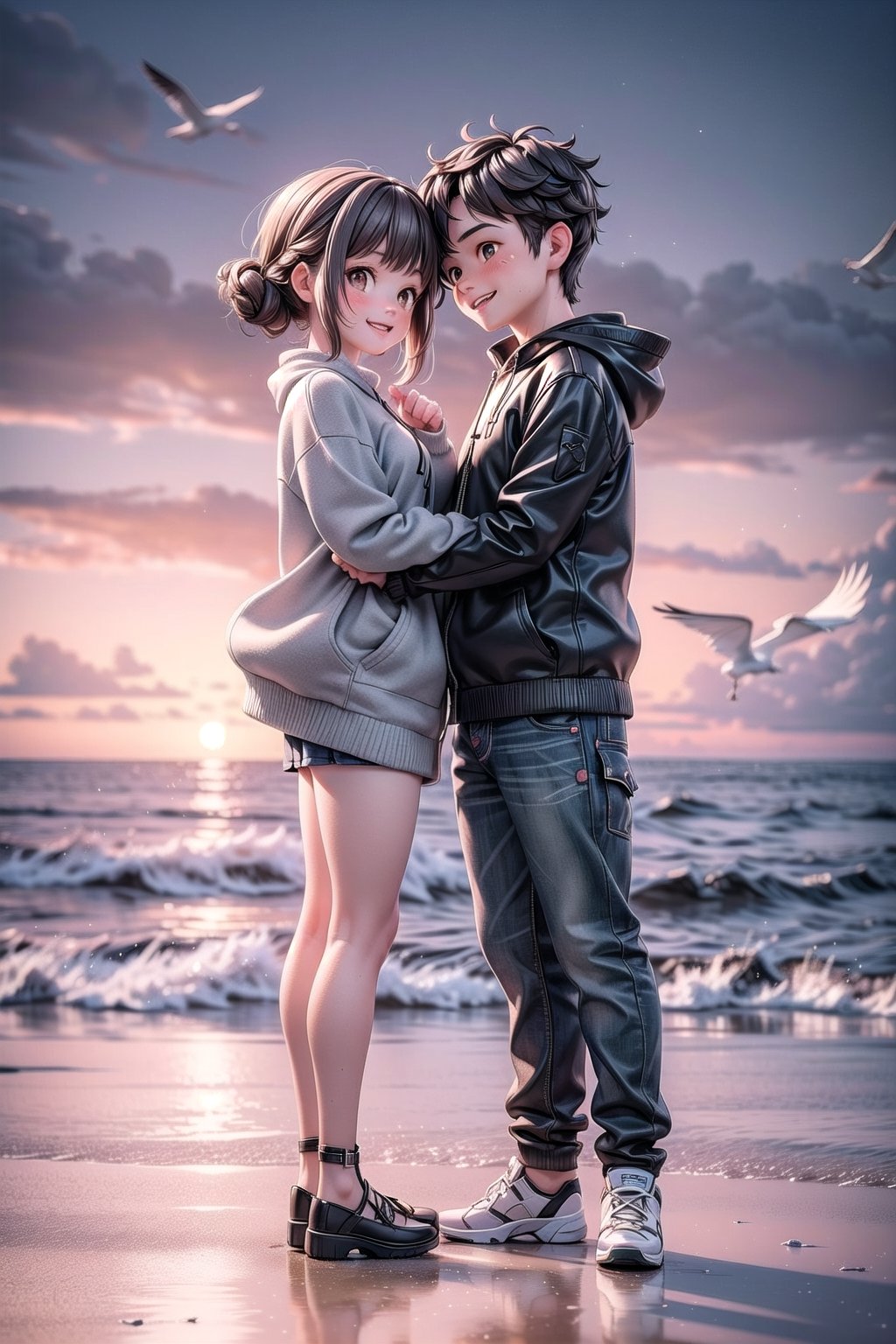 3d,1girl and 1boy, brown eyes,brown hair,korean,Generate a romantic image of a couple watching the sunset on a secluded beach, with the waves gently lapping at their feet and seagulls in the background, happy, smiling, eye contact viewer,full body, morning light,