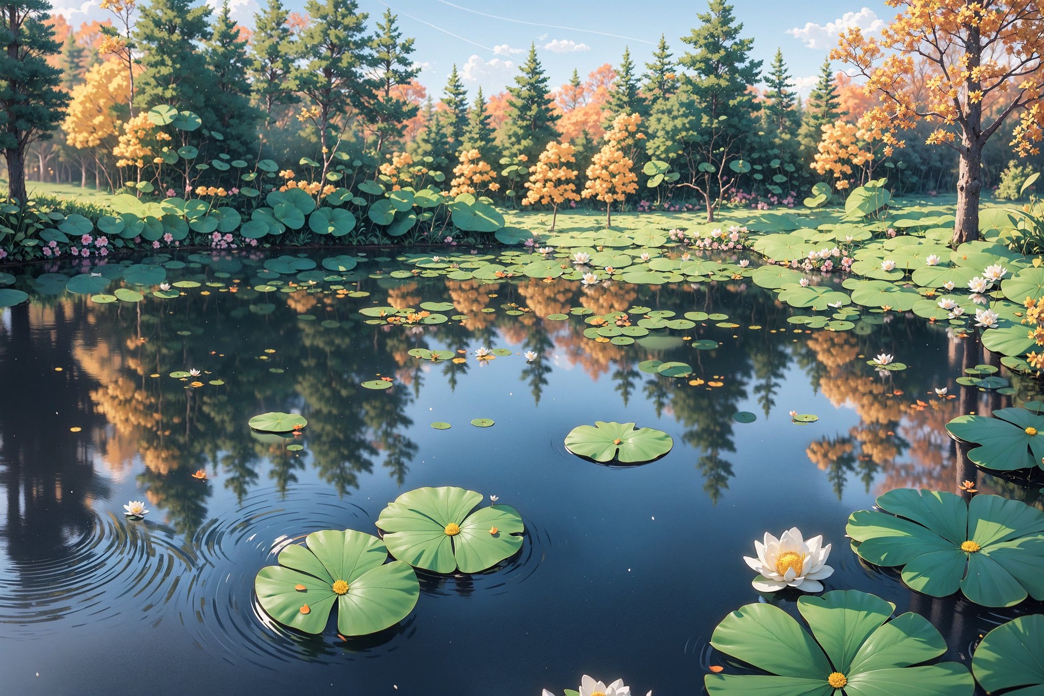 3d,Generate a peaceful autumn background with a pond reflecting the azure sky, lily pads, and dragonflies hovering, surrounded by vibrant flowers, 