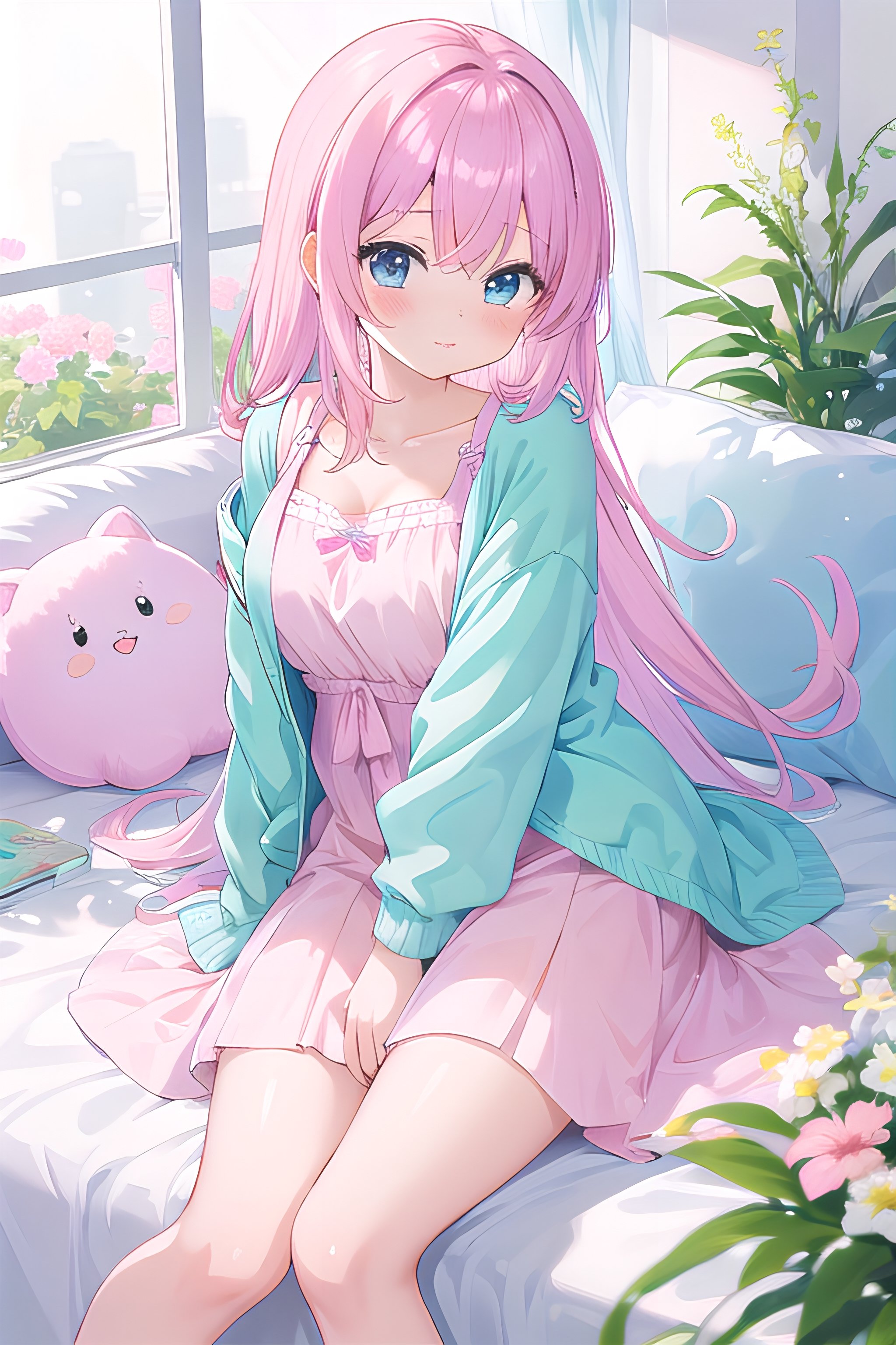 Generate a pastel anime girl wallpaper with soft, dreamy colors. Include cute animals, pastel flowers, and a serene atmosphere.