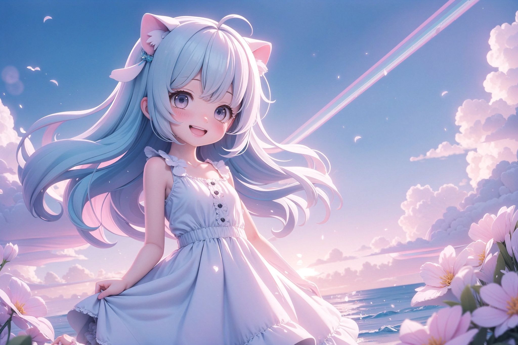 (masterpiece), scenery, sunlight, light rays, light particles, 1girl, petite, open mouth, smile, looking at viewer, sundress, Generate a pastel anime girl wallpaper with soft, dreamy colors. Include cute animals, pastel flowers, and a serene atmosphere.happy,smile,cute dress,