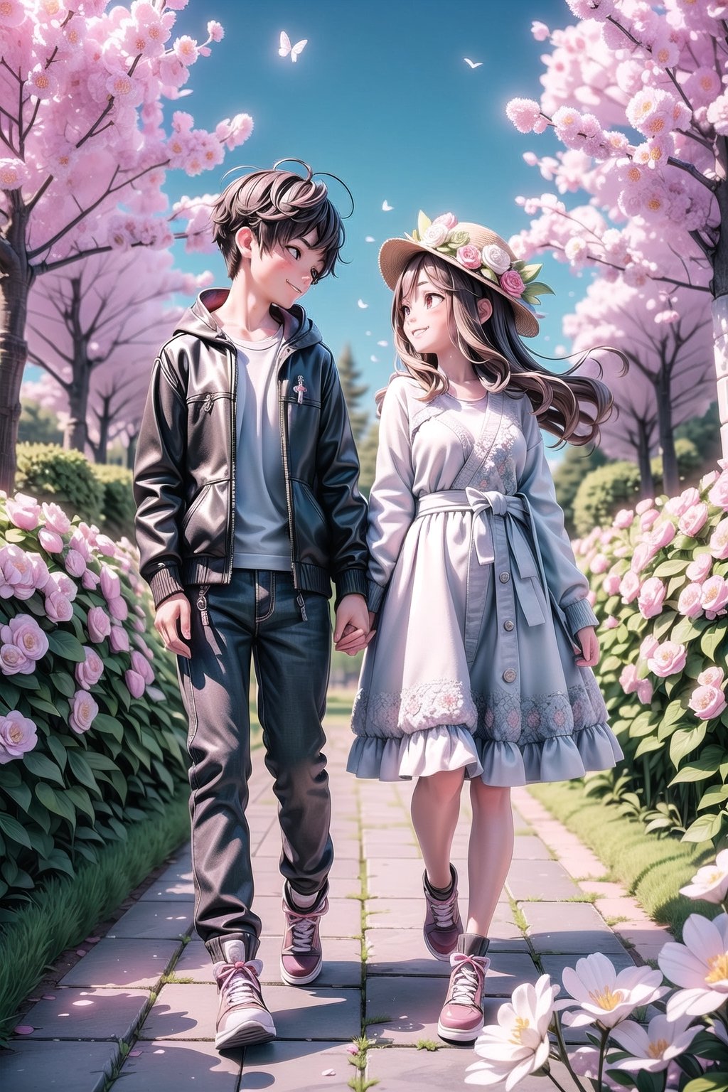 3d,1girl and 1boy, brown eyes,brown hair,korean,Create an image of a couple exploring a beautiful, standing in garden  surrounded by blooming flowers, butterflies, and the sweet fragrance of love in the air, happy, smiling, eye contact viewer,full_body,