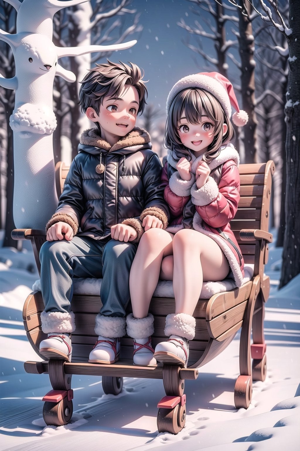 3d,1girl and 1boy, brown eyes,brown hair,korean,Generate a picture of a couple on a cozy winter sleigh ride through a snowy forest, with a background of snow-covered trees and the sound of sleigh bells, happy, smiling,standing, eye contact viewer,full body,