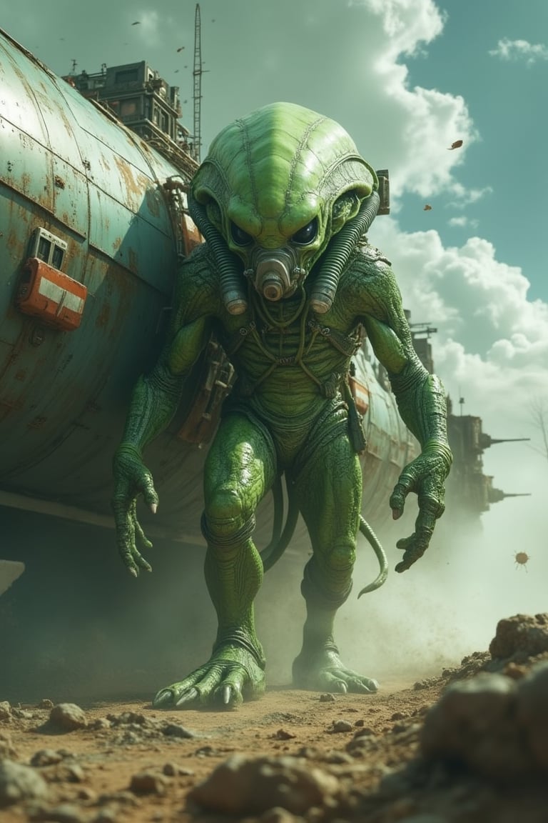 A full-length image of a green alien descending from a spaceship. The alien has a robust body,  three thick fingers on eac...