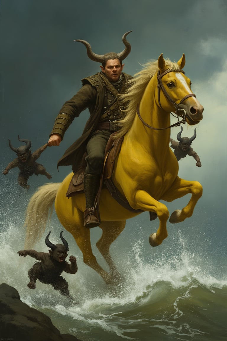 A man with horns mounted on a yellow horse gallops across stormy waters, dragging small mischievous imps behind him. The scene is set during a cloudy day, with dark, brooding skies and choppy waves. The composition is dynamic, capturing the man's powerful stride and the imps' playful struggle, creating a sense of chaos and supernatural energy.