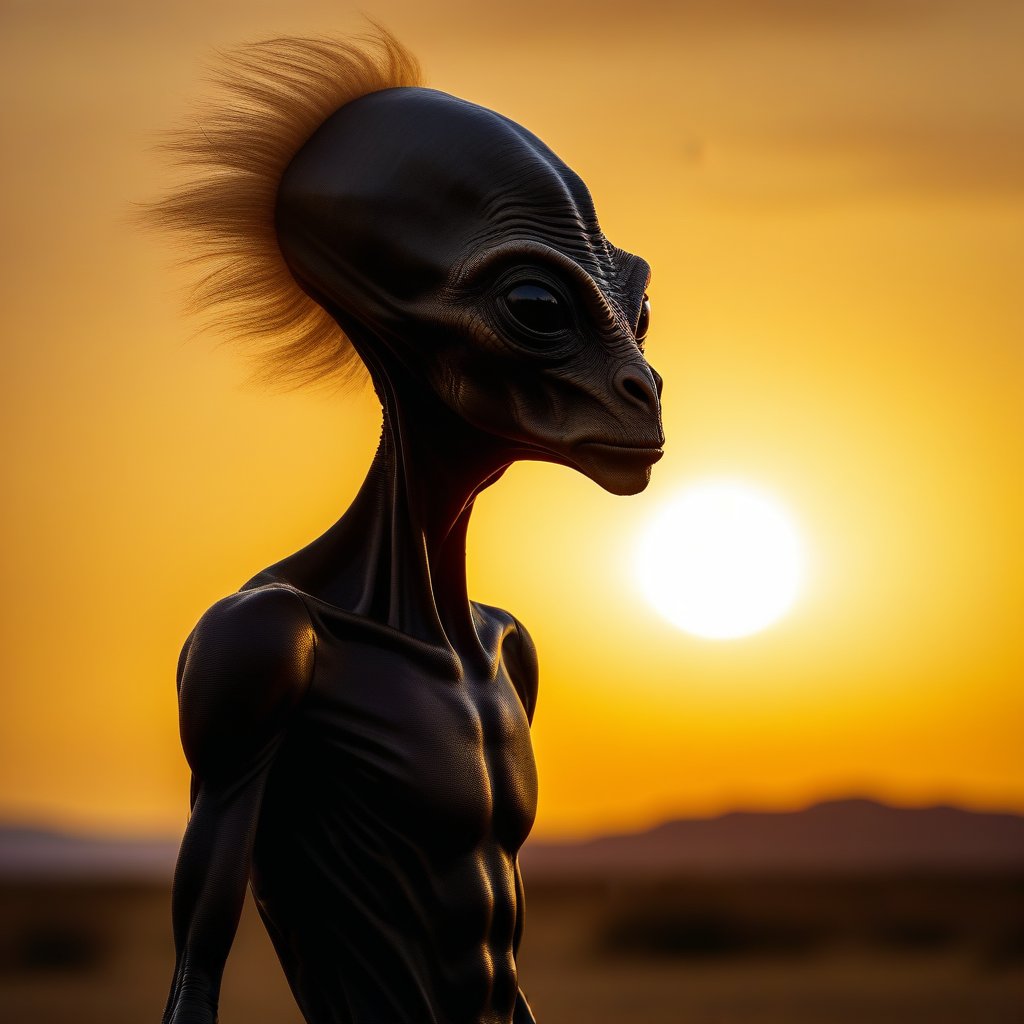 A large-headed, hairy extraterrestre wearing a black jumpsuit, standing in a serene landscape during sunset. The alien's silhouette is highlighted against the warm, golden hues of the setting sun, creating a dramatic contrast. The scene is framed with a mid-shot, capturing the alien's curious and otherworldly presence amidst the tranquil evening sky.