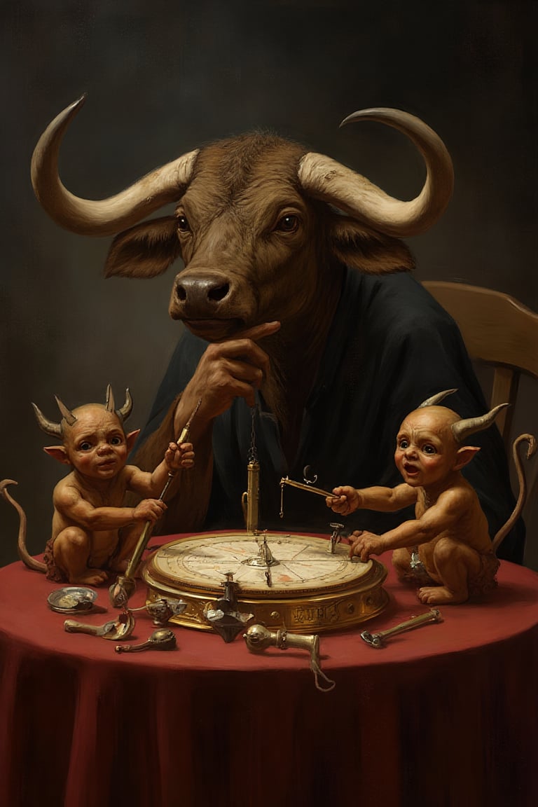 A man-headed bull sits at a table, with small mischievous devils playing with an astrolabe and other astronomical instruments. The scene is set in a dimly lit, mysterious environment, with dramatic lighting casting deep shadows. The composition is dynamic, focusing on the bull's contemplative pose and the playful devils, creating a sense of intrigue and otherworldly charm.