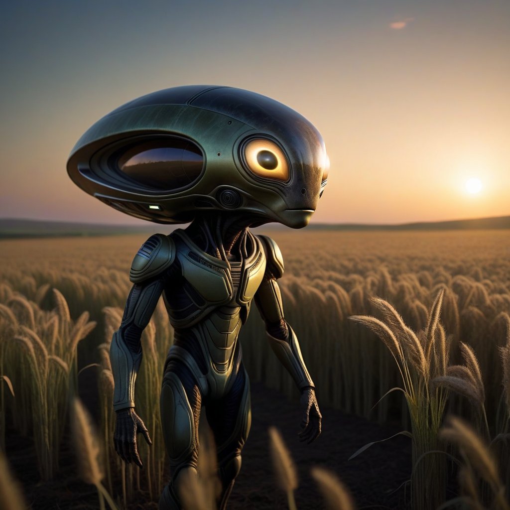 A short,  hairy alien with large round eyes stands in a field at dusk,  beside their landed spaceship. The alien's body is...