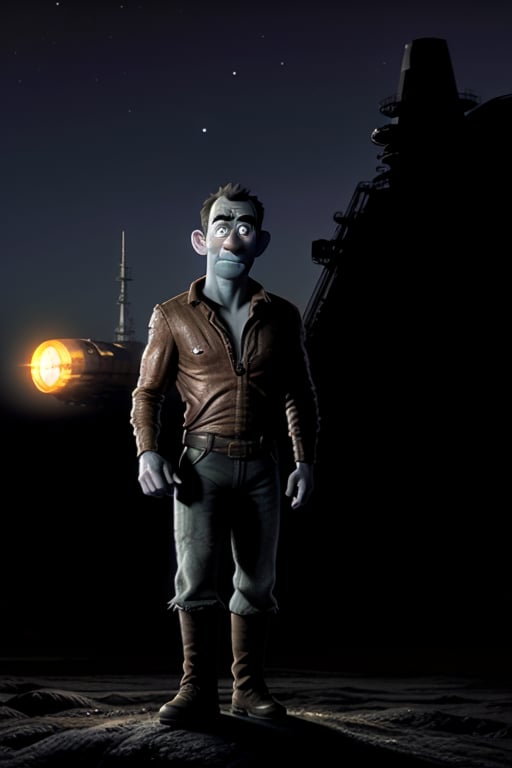 A full-body image of a very short man with alien features: a large, round head, big round eyes, and a hairy body. The scene is set at dusk, with a spacecraft nearby. The man stands in the center, illuminated by the soft twilight glow, his large eyes reflecting the light. The spacecraft looms in the background, casting a long shadow over the alien man.