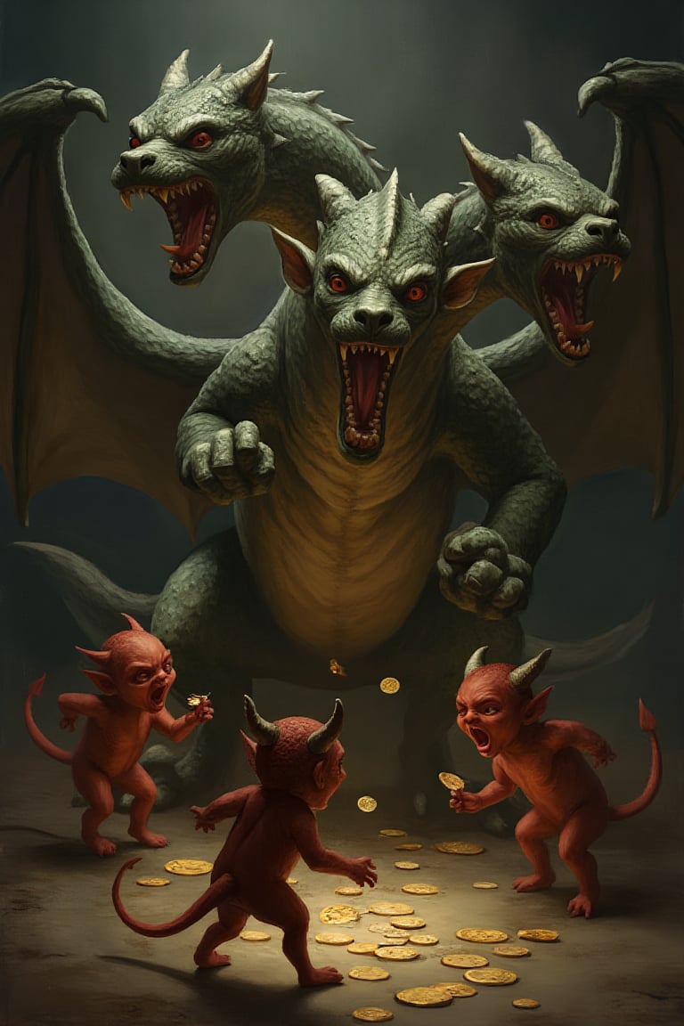 A dragon with three heads—one of a dog, one of a bird, and one of a man—stands majestically amidst small mischievous devils playing with coins. The scene is set in a dark, mysterious environment, with dramatic lighting casting deep shadows. The composition is dynamic, focusing on the dragon's imposing presence and the playful devils, creating a sense of intrigue and otherworldly charm.