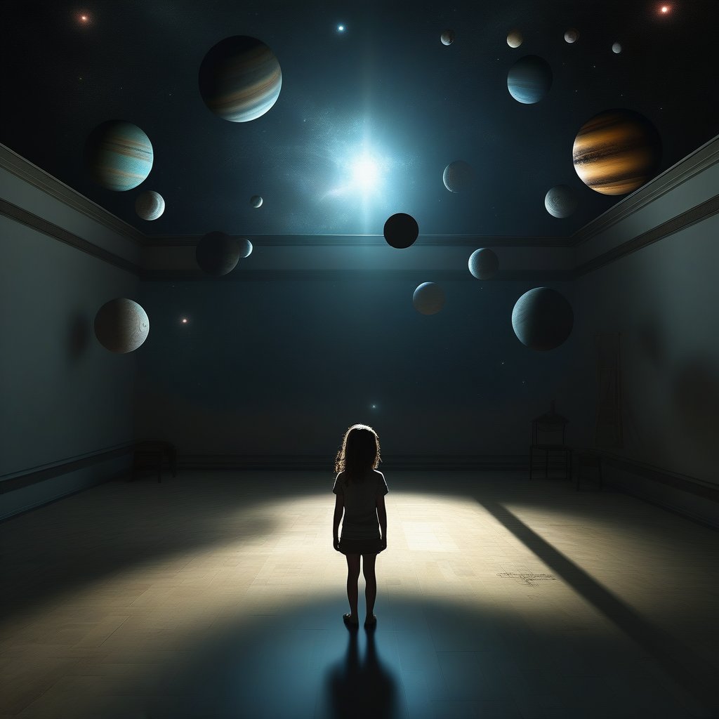 A large, dimly lit room with a mysterious atmosphere. A young girl stands alone, looking upwards with a contemplative expression. Planets float in the air around her, casting soft shadows. The scene is framed in a high-angle, almost overhead view, emphasizing the vastness and the girl's smallness in the grand, enigmatic space.