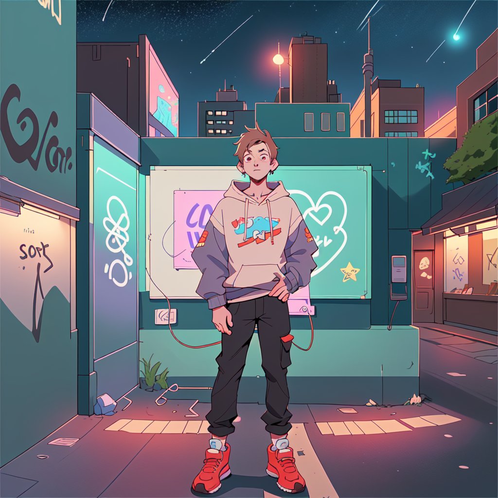 male teen with streat wear clothes, cityscape, urban, wall_writing, night, different perspective, people in the backround, stars in the sky, hood, volumetric_lights