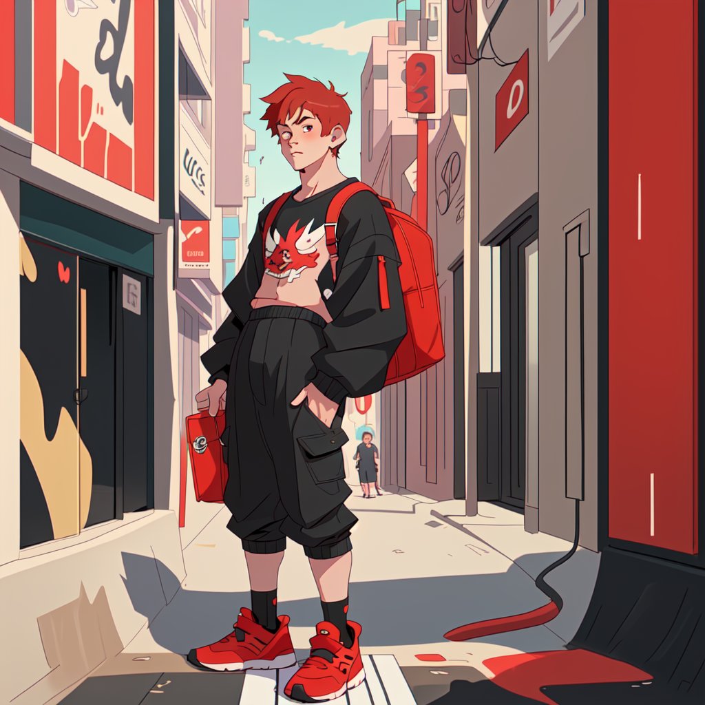 male teen with streat wear clothes, cityscape, urban, black and red