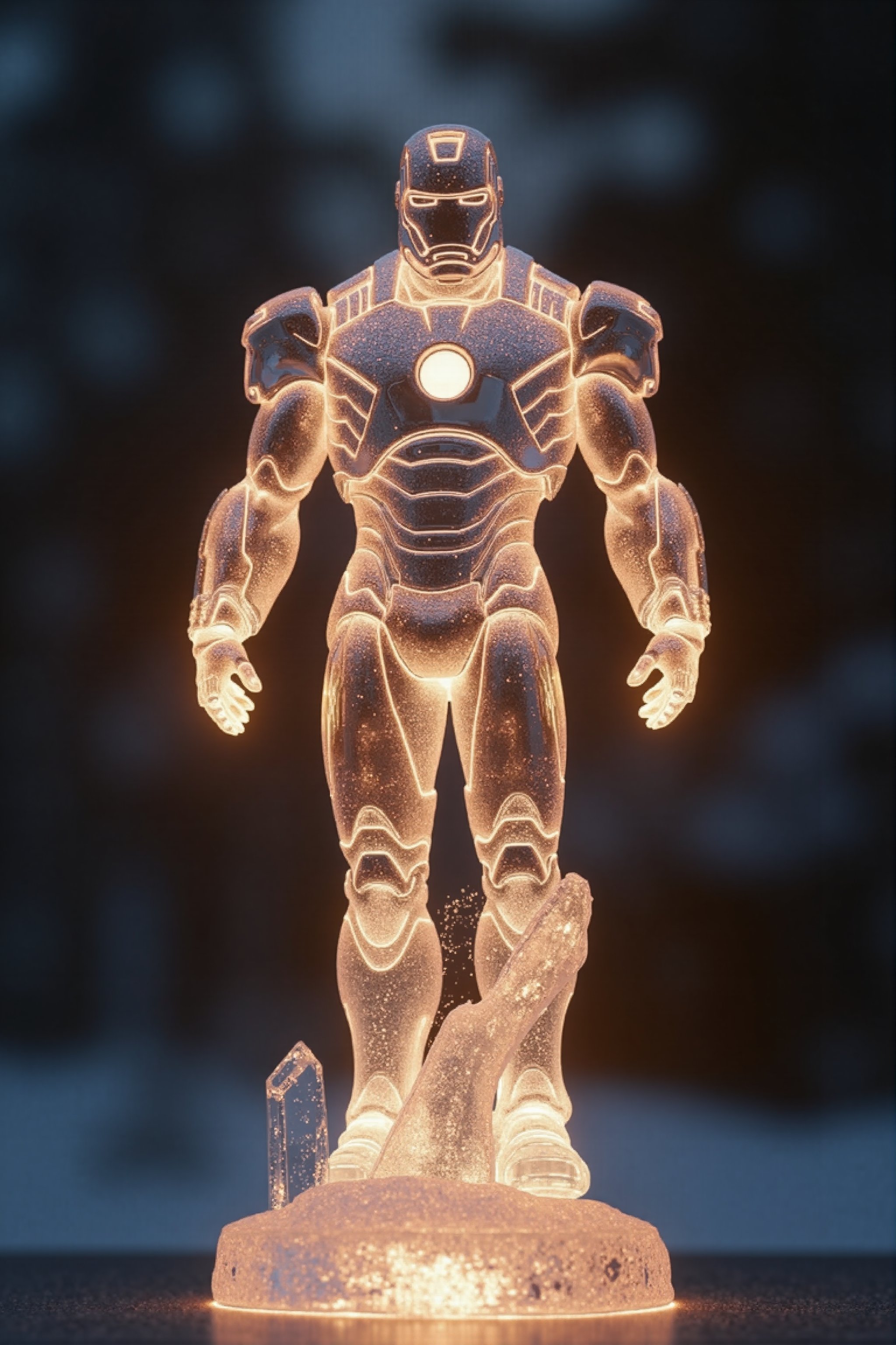 A captivating scene featuring a crystal glass sculpture of a ironman, bathed in soft, radiant lighting. The ironman is intricately detailed. The composition is centered, with the creating a sense of motion. The background is softly blurred, focusing attention on the crystal glass figure, which is illuminated from behind, enhancing its translucent quality. The lighting is gentle, casting a warm glow that highlights the intricate details of the sculpture.