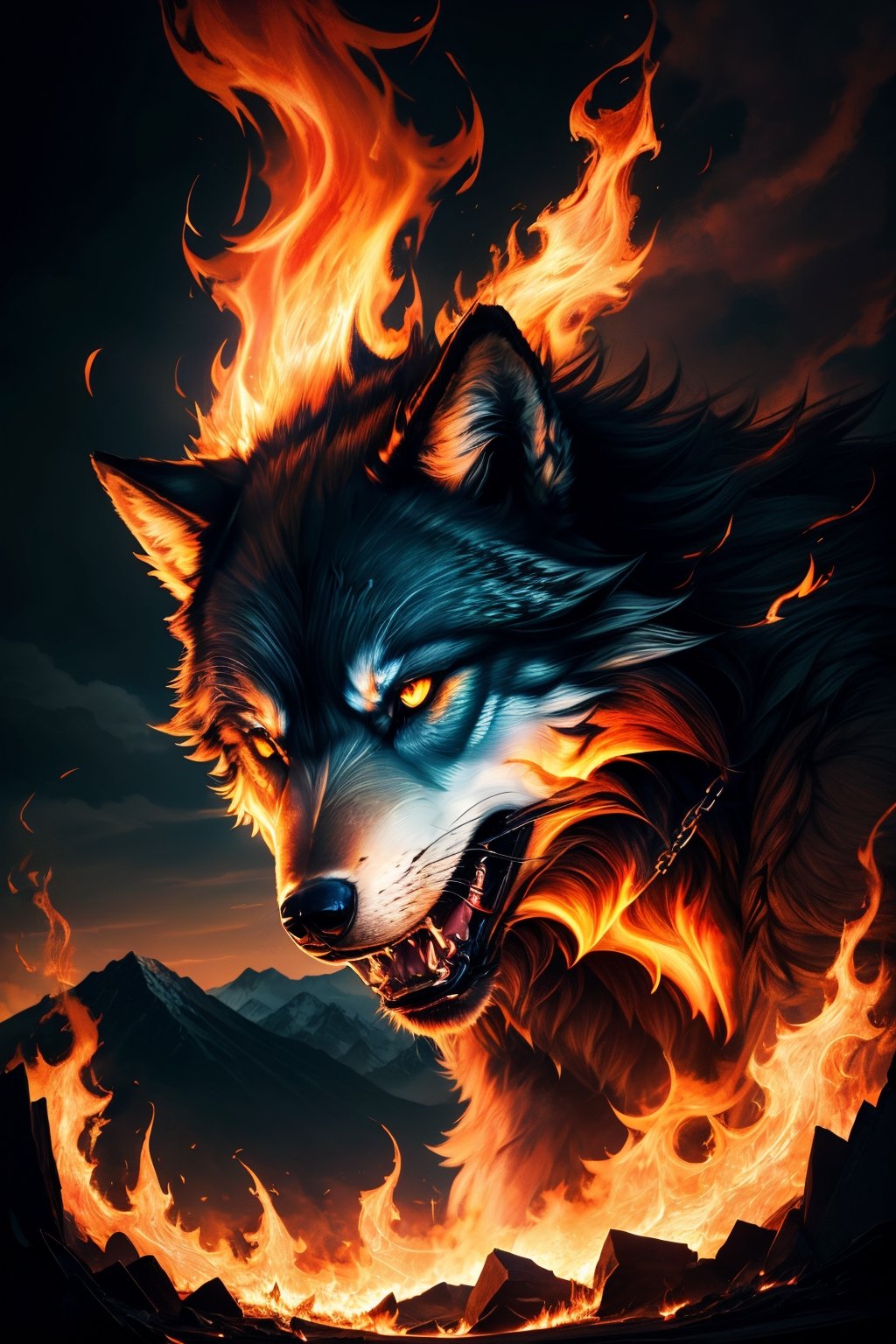 (best quality, highres:1.2, ultra-detailed, photorealistic:1.37), giant wolf Fenrir, fire, mountains, protruding, broken shackles, chains hanging, red eyes, angry, realistic lighting, dark atmosphere, eerie shadows, menacing presence, glowing embers, powerful stance, epic landscape, smoke billowing, intense heat, growling, fierce expression, wild fur, towering silhouette, raging flames, ethereal glow, foreboding, untamed power