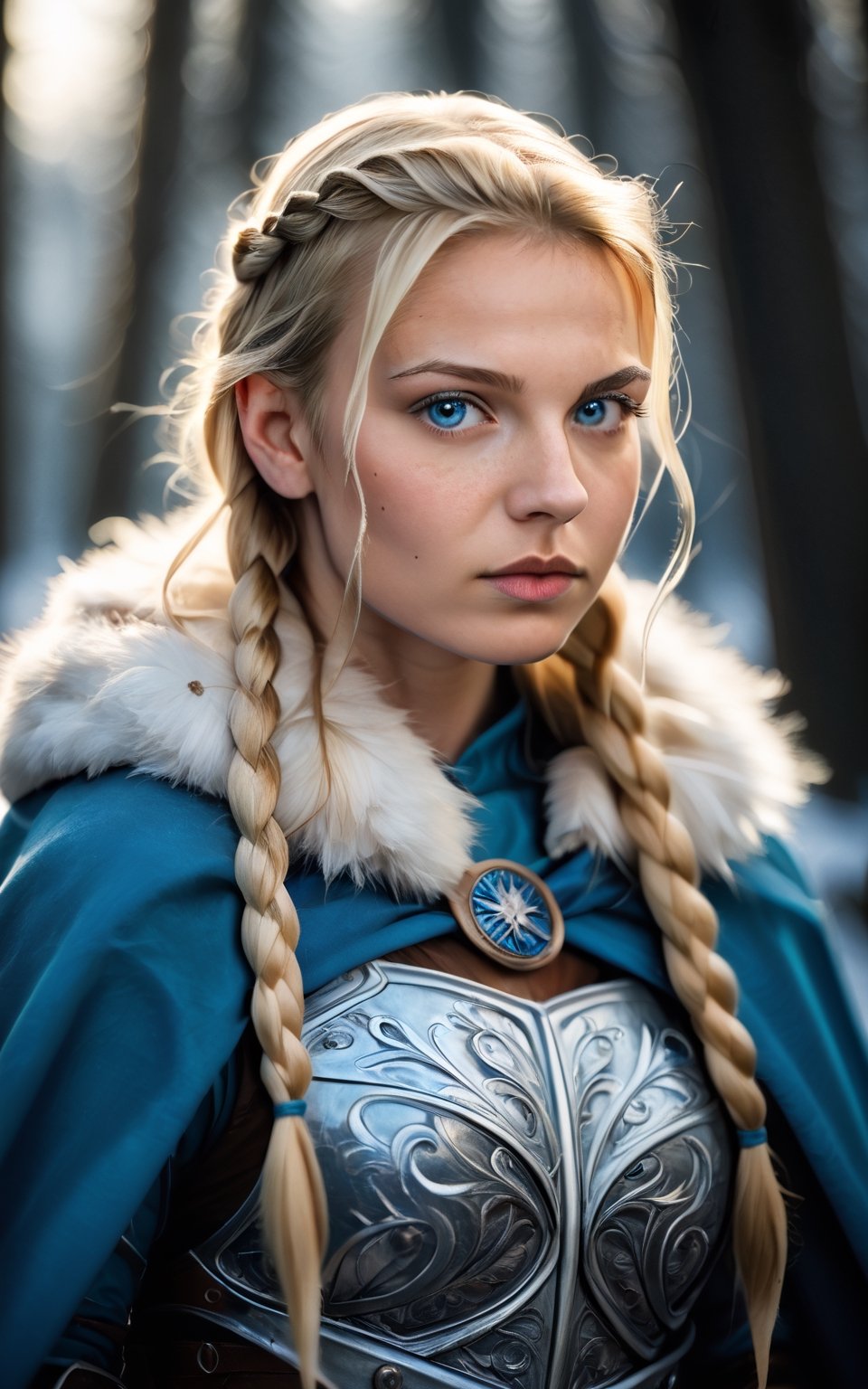 score_9,score_8_up,score_7_up, photorealistic, photography, 1girl,long hair,looking at viewer,blue eyes,blonde hair,upper body,braid,cape,armor,mole,twin braids,lips,fur trim,blurry background,freckles,realistic