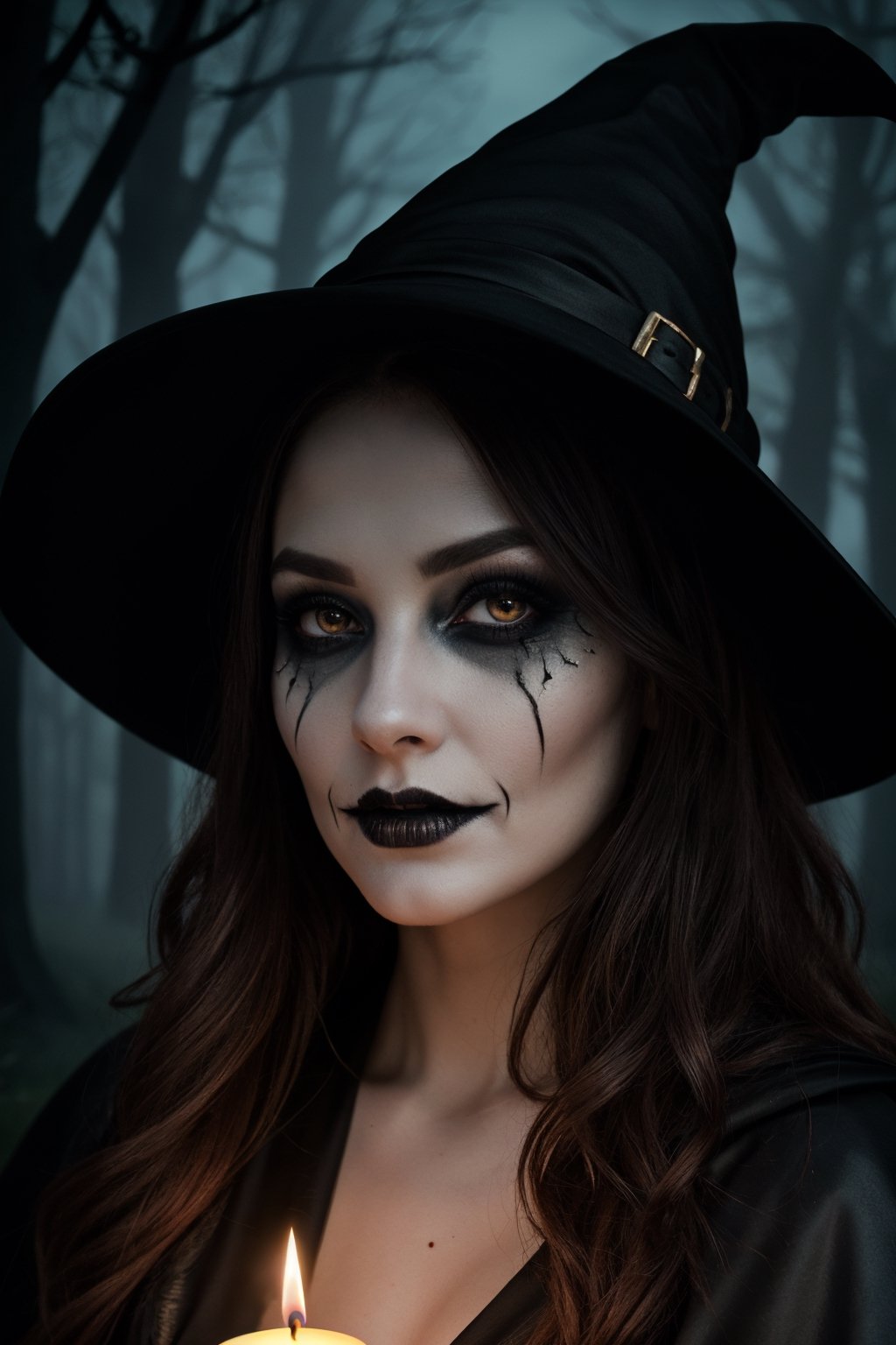 sexy,witch,halloween costume,creepy,spooky,halloween makeup,medium:1.2,[detailed],[dark forest],(best quality,4k,8k,highres,masterpiece:1.2),ultra-detailed,(realistic,photorealistic,photo-realistic:1.37),HDR,UHD,studio lighting,ultra-fine painting,sharp focus,physically-based rendering, extreme detail description,professional,vivid colors,bokeh,[witch hat],[long flowing hair],[candlelight],[dark eye makeup],[scary atmosphere],[mysterious smile],[black cape],horror,colourful,low key lighting,[haunting],gothic,nighttime,magic