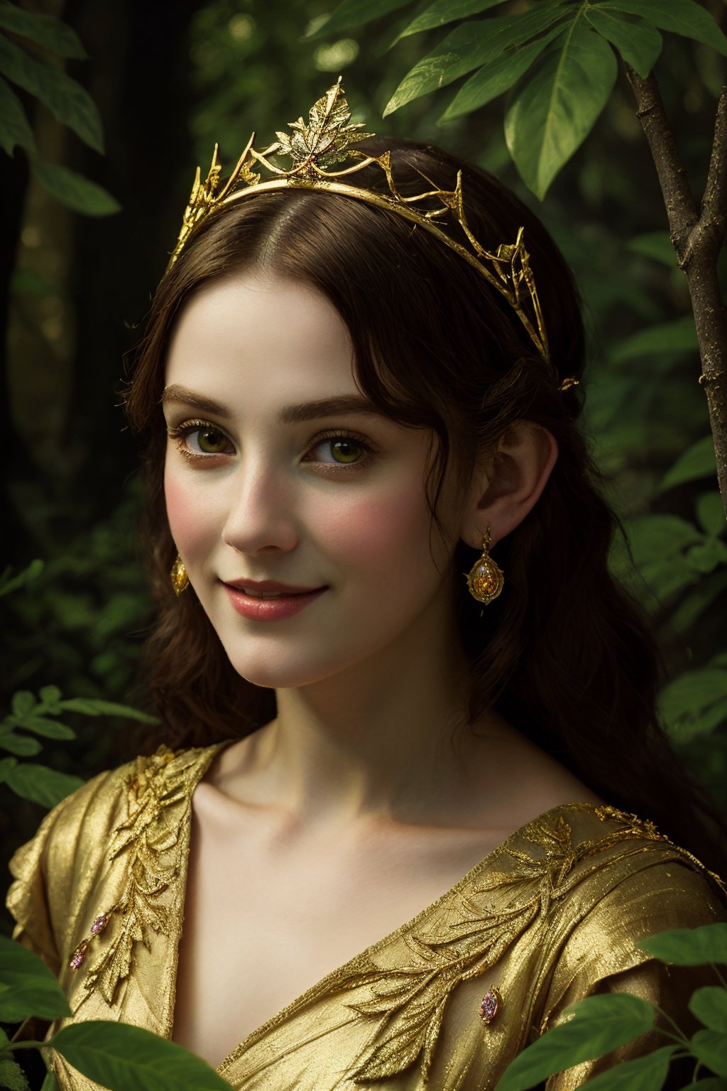 High quality, masterpiece, 8K, portrait, elven queen in a lush forest, shimmering golden gown, jeweled tiara, enigmatic smile, surrounded by ethereal glowing fauna, (magic-infused:1.4), vivid colors, intricate foliage patterns, chiaroscuro lighting, (Pre-Raphaelite art style:1.2)