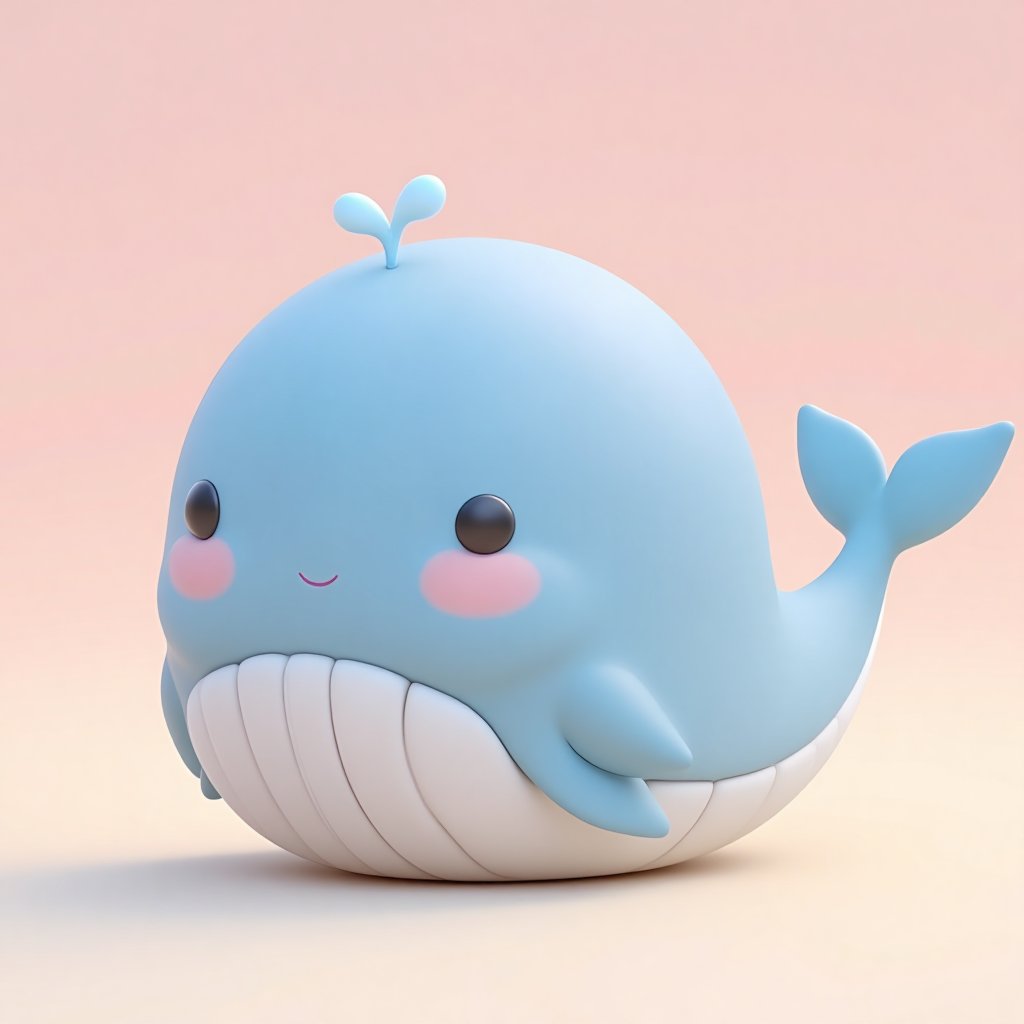 3D cute animal character,
A delightful, cartoon-like blue whale features a rounded body with a smooth, glossy texture. Big, shiny eyes and rosy cheeks give it an endearing expression. A tiny water spout playfully adorns its head. The whale has a broad, white underbelly with ridges. Its pectoral fins are small and rounded, complementing the plump tail. The whale rests against a soft gradient background of warm pink and light yellow, enhancing its cheerful, whimsical charm.