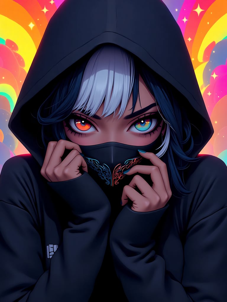 niji style,  a woman's face. The woman's eyes are a piercing blue,  and her eyebrows are a darker shade of brown. Her hair...