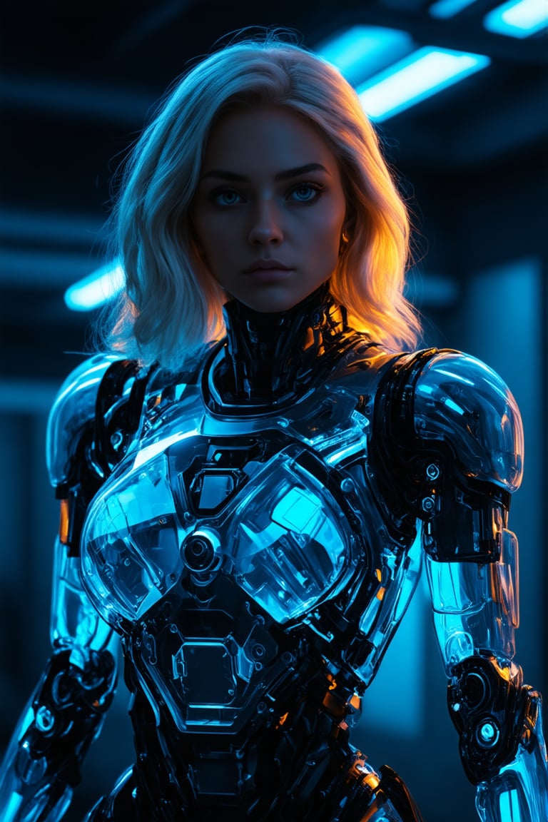 A futuristic, cinematic close-up of a female android with a transparent, illuminated body, showcasing intricate mechanical and glowing circuitry. The android has a serious expression, and her blonde hair is styled loosely. The scene is set in a dark, industrial environment with cool blue and orange lighting, emphasizing the glowing inner components and the high-tech, cybernetic design.