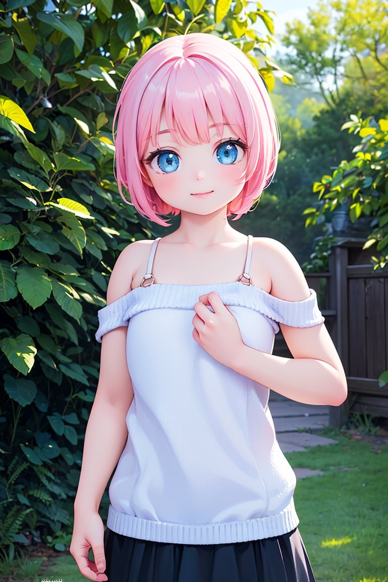 (best quality, 4k, 8k, highres, masterpiece:1.2), ultra-detailed, (realistic, photorealistic, photo-realistic:1.37), 1girl, cowboy shot, outdoors, standing, evil smile, strap sweater, bare shoulders, microskirt, short pink hair, azure eyes, portraits, vivid colors, warm color palette, soft lighting,