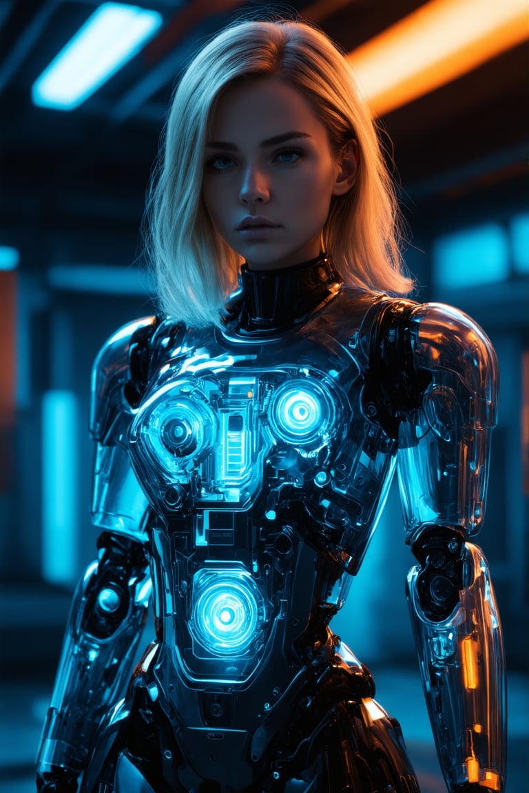 A futuristic, cinematic close-up of a female android with a transparent, illuminated body, showcasing intricate mechanical and glowing circuitry. The android has a serious expression, and her blonde hair is styled loosely. The scene is set in a dark, industrial environment with cool blue and orange lighting, emphasizing the glowing inner components and the high-tech, cybernetic design.