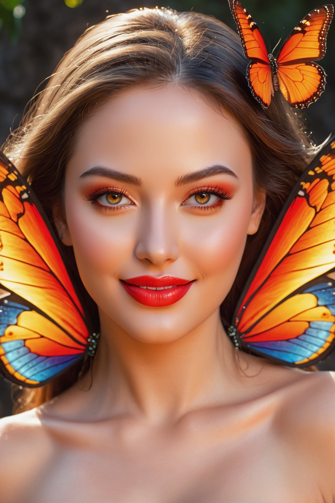 best quality,highres,masterpiece:1.2,ultra-detailed,(realistic,photorealistic,photo-realistic:1.37),beautiful woman (extremely beautiful face:red lips,cute smile,sparkling eyes),detailed wings with intricate patterns, vibrant colors,soft glow from wings to highlight the woman's beauty,detailed texture on the wings with visible veins and delicate scales,background with molten lava flowing with bright orange-red color, sparkling and reflecting the light,powerful contrast between the woman's beauty and the dangerous lava,butterflies flying around the woman,adding a whimsical and magical touch to the scene.