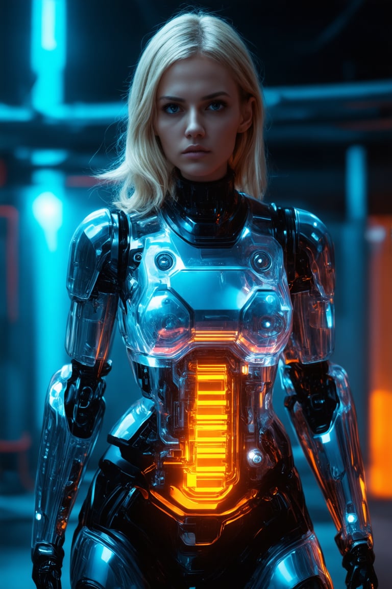 A futuristic, cinematic close-up of a female android with a transparent, illuminated body, showcasing intricate mechanical and glowing circuitry. The android has a serious expression, and her blonde hair is styled loosely. The scene is set in a dark, industrial environment with cool blue and orange lighting, emphasizing the glowing inner components and the high-tech, cybernetic design.