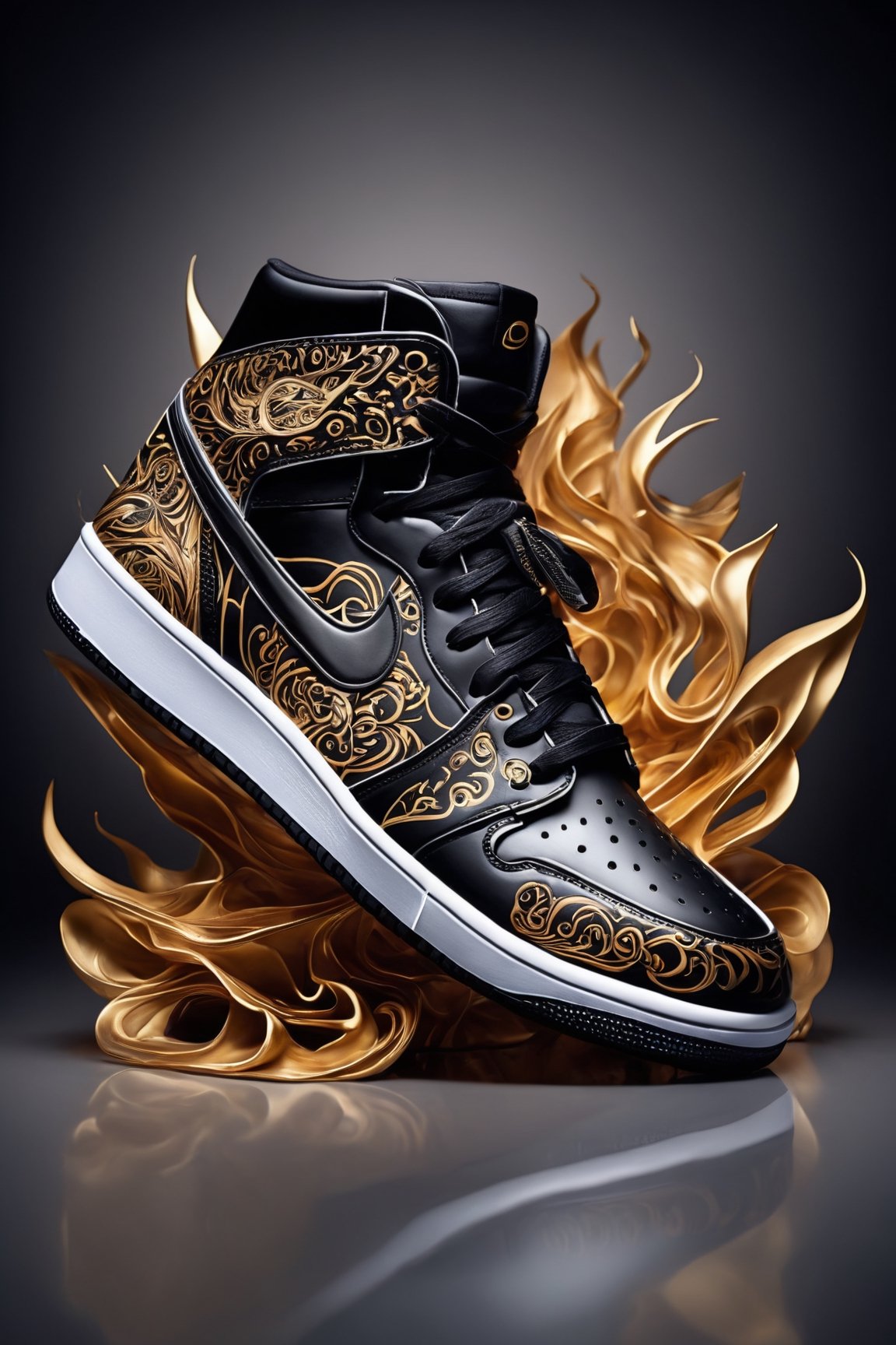 (best quality,8K,highres,masterpiece), ultra-detailed studio photography showcasing a cutting-edge sneakers design. The image features sleek black footwear with intricate tattoo-like patterns, set against a blurry background that adds depth of field and enhances the focus on the shoes. The blurred background creates a sense of mystery and intrigue, drawing attention to the details of the sneakers. This artwork captures the fusion of fashion and artistry, presenting a visually captivating composition that is both stylish and enigmatic.