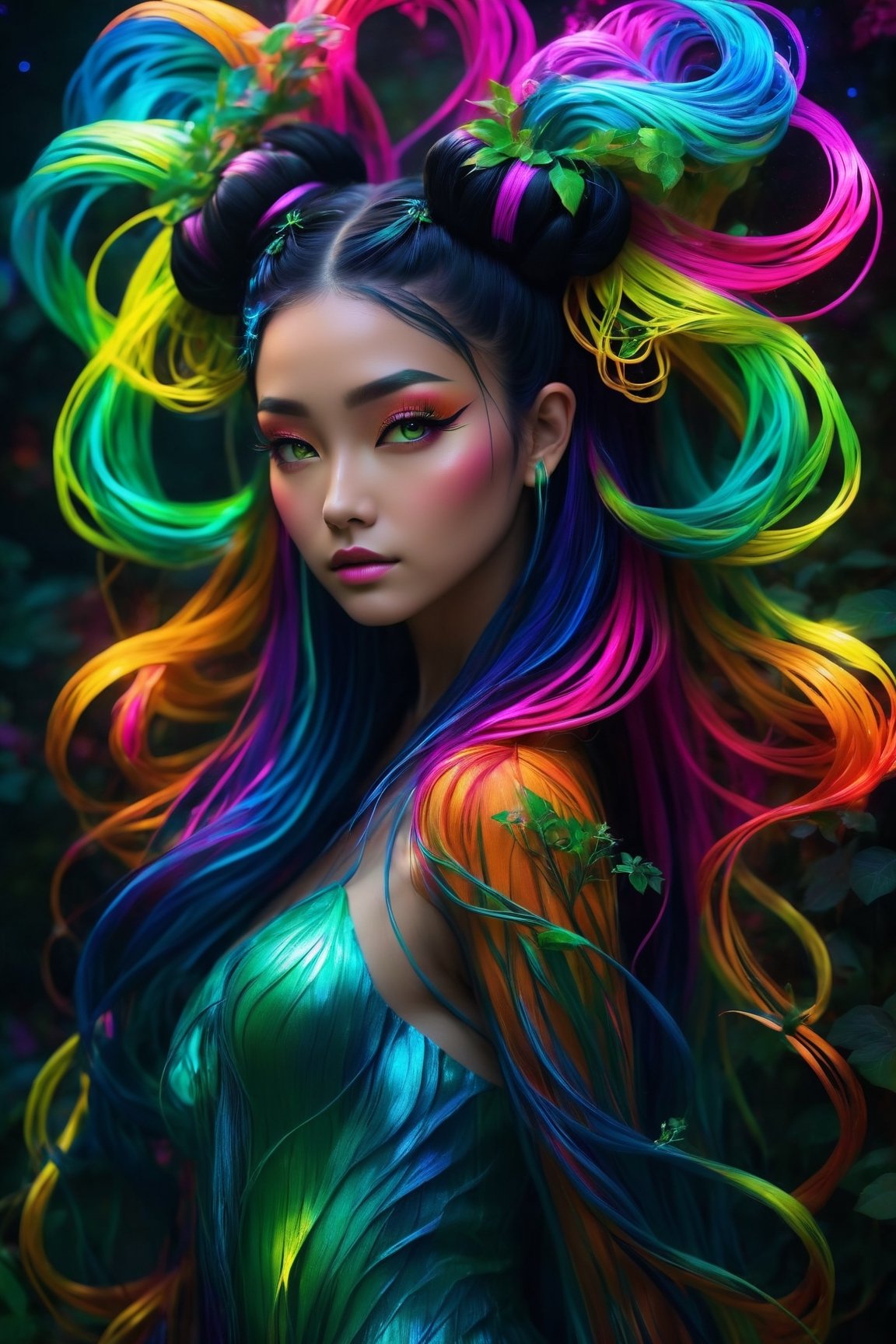 (best quality,8K,highres,masterpiece), ultra-detailed, (super colorful, fantasy creature style) portrayal of an enchanting being, resembling the goddess of horticulture. This otherworldly entity possesses long, flowing black hair styled in space buns and radiates an aura of mystic charm. Instead of ordinary hair, her locks are transformed into brilliant neon tendrils that flow like cascading waterfalls, each strand shimmering with a dazzling array of vivid colors. She stands as a beautiful backlit silhouette, her body adorned with millions of microscopic fibers, ultra-bright neon strings, and intricate neon vines and leaves that intertwine with futuristic flora. The entire scene is bathed in a vibrant green color palette, creating a mesmerizing and fantastical world where nature and technology harmoniously coexist in a breathtaking display of color and magic.