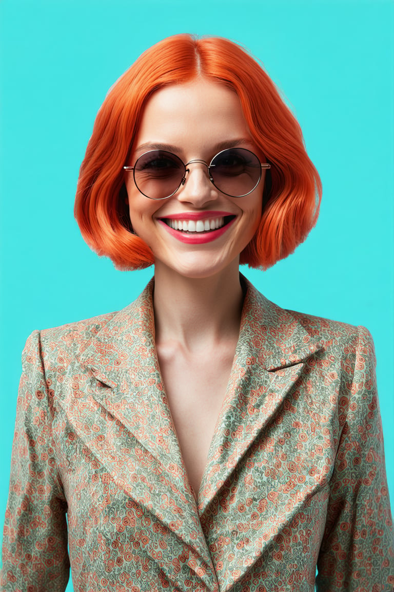 (best quality,8K,highres,masterpiece), ultra-detailed, a midcentury modern woman with red retro hair, wearing Palm Springs retro attire and sunglasses. happy smile, The portrait is infused with Wes Anderson's signature style, featuring symmetrical composition, pastel color palette, and meticulous attention to detail. pop surreal element to the scene. The overall composition evokes a sense of nostalgia and whimsy, capturing the essence of retro charm in a visually stunning portrait.