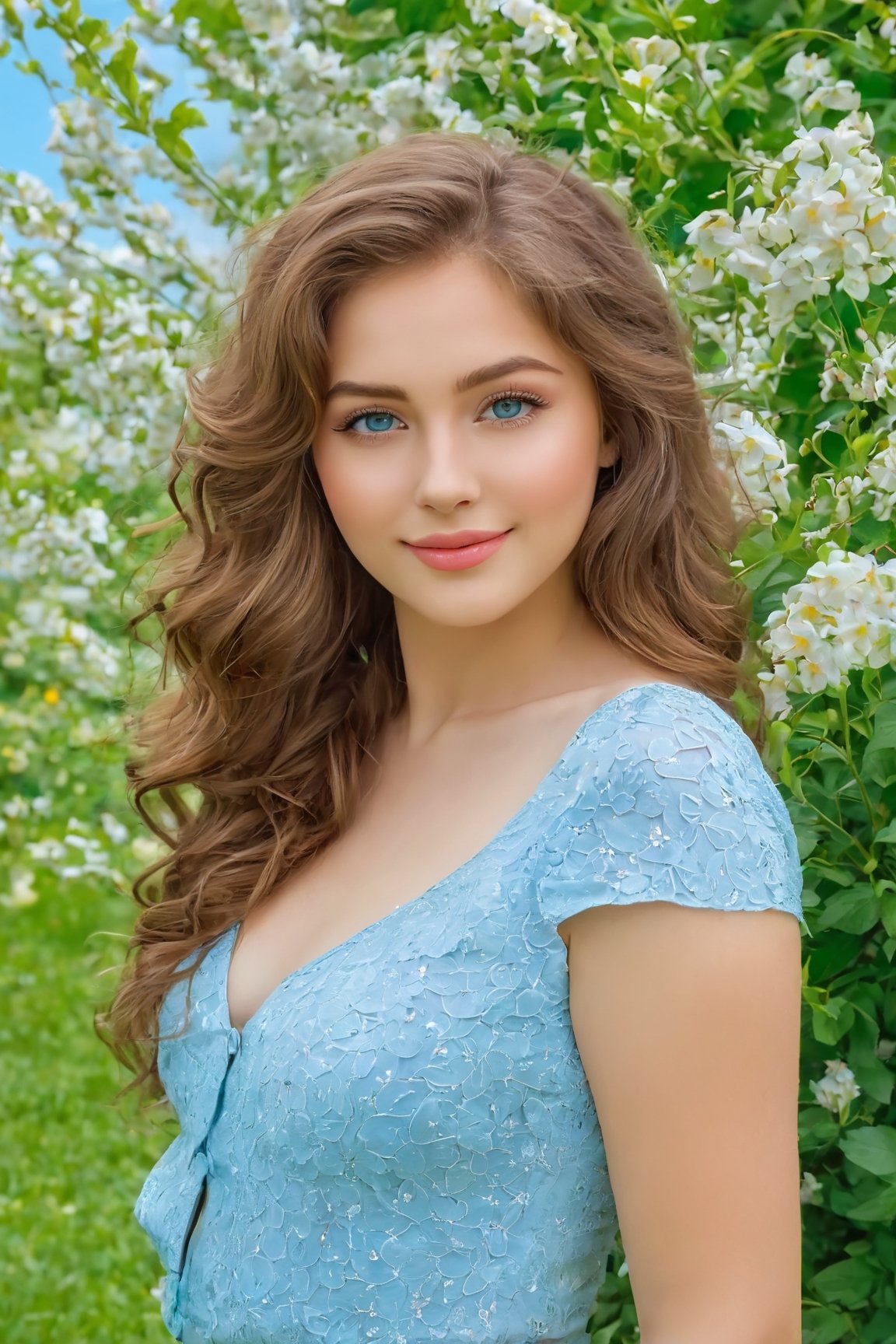 cute,sexy,russian,girl,Feeling happy,slight smile,Wearing a light blue tight fitting top,(beautiful detailed eyes:1.1),(beautiful detailed lips:1.1),(extremely detailed eyes and face:1.1),(long eyelashes:1.1),soft curly brown hair,pointed nose,(rosy cheeks:1.1),(flawless porcelain skin:1.1),(sparkling eyes:1.1),(slim figure:1.1),standing in a blooming garden,holding a bouquet of colorful flowers,(butterflies fluttering around:1.1),(sunlight filtering through the leaves:1.1),(soft spring breeze:1.1),(green grass and vibrant flowers:1.1),with a charming background of a wooden white fence and blue sky,(best quality,4k,8k,highres,masterpiece:1.2),ultra-detailed,realistic,photorealistic:1.37,portraits,vivid colors,pastel color tones,soft natural lighting.