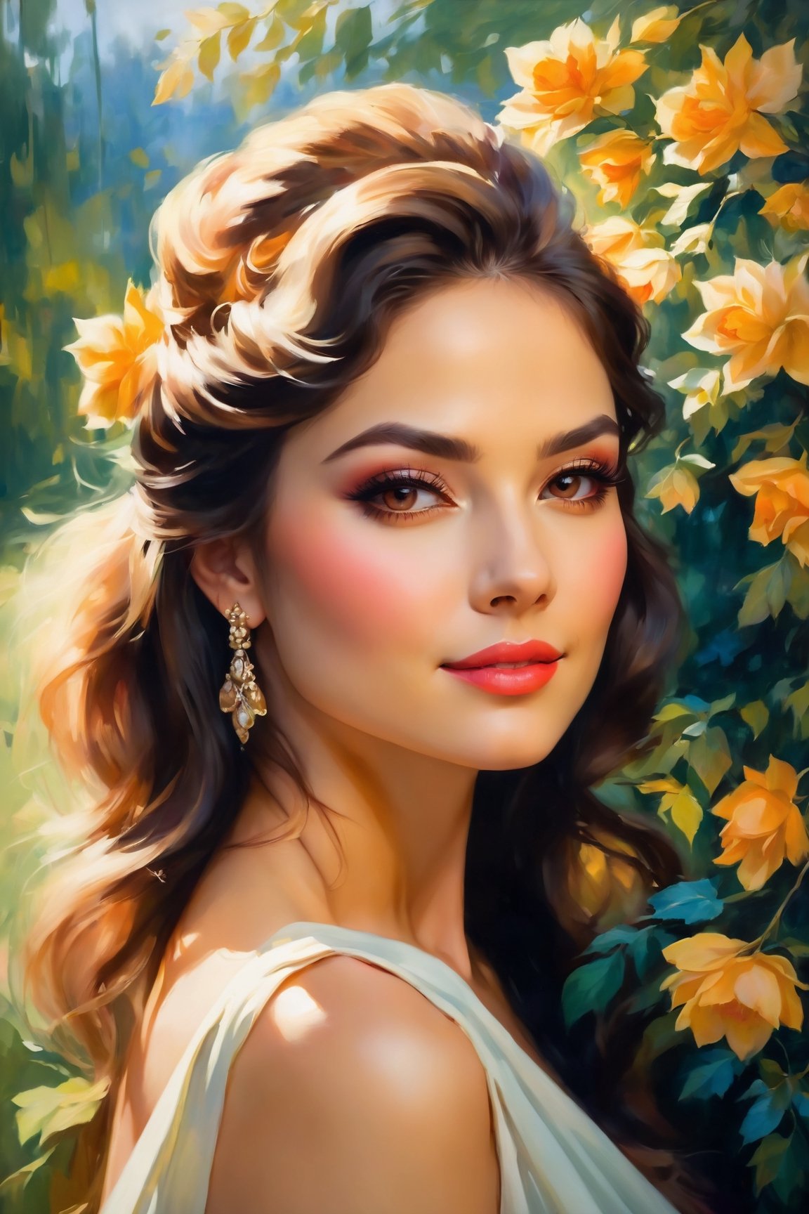 (young adult, beautiful, seductive, alluring), (best quality, highres, ultra-detailed), (oil painting, fine art), (vibrant colors, warm tones), (soft lighting, dramatic shadows), (deep gaze, captivating eyes), (rosy lips, luscious mouth), (porcelain skin, flawless complexion), (elegant dress, revealing neckline), (attractive pose, confident stance), (lush garden background, blooming flowers), (subtle breeze, swaying leaves), (romantic atmosphere, dreamy ambiance), (sensual expression, subtle smile)