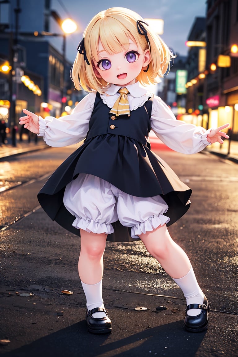 1girl, solo, blonde hair, outstretched arms, open mouth, skirt, ribbon, hair ribbon, shoes, underwear, vest, smile, mary janes, ascot, purple eyes, shirt, long sleeves, short hair, bloomers, (best quality, 4k, 8k, highres, masterpiece:1.2), ultra-detailed, (realistic, photorealistic, photo-realistic:1.37), HDR, UHD, studio lighting, ultra-fine painting, sharp focus, physically-based rendering, extreme detail description, professional, vivid colors, bokeh, portraits, landscape