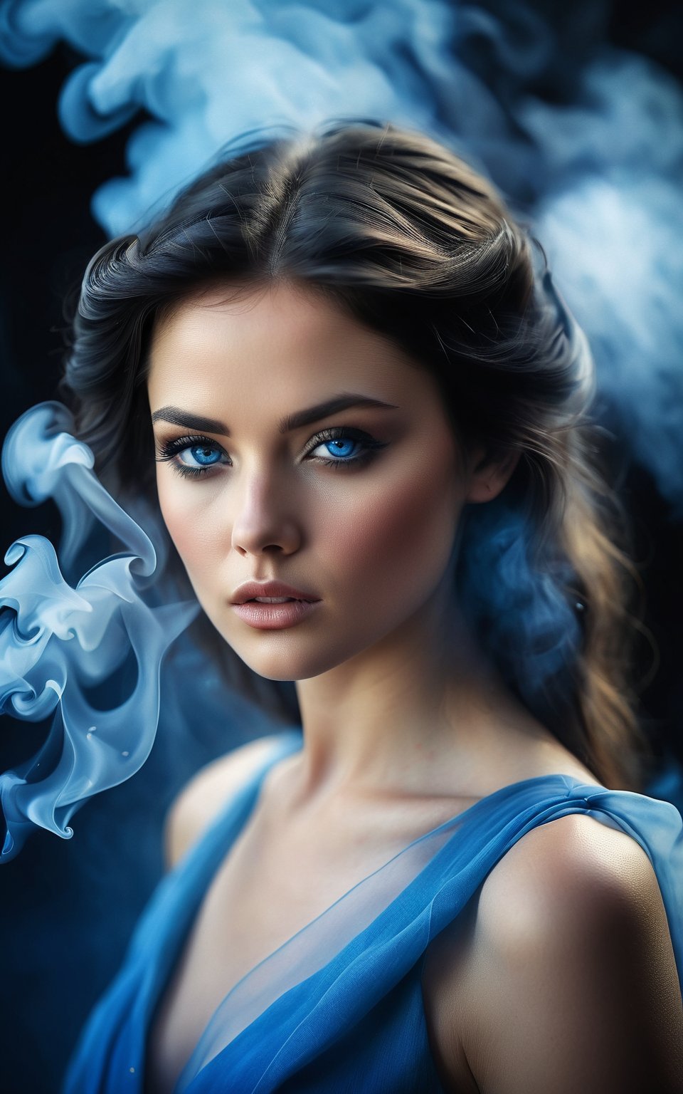 (high quality, ultra-realistic, photorealistic), beautiful young woman, close-up portrait, dark hair, intense gaze, blue eyes, surrounded by blue smoke, ethereal atmosphere, mysterious ambiance, dark background, soft lighting, high contrast, cinematic composition, smooth skin, sharp details, elegant and captivating, surreal effect, high resolution, fantasy style, enchanting visuals, dreamlike quality, mesmerizing aesthetics.