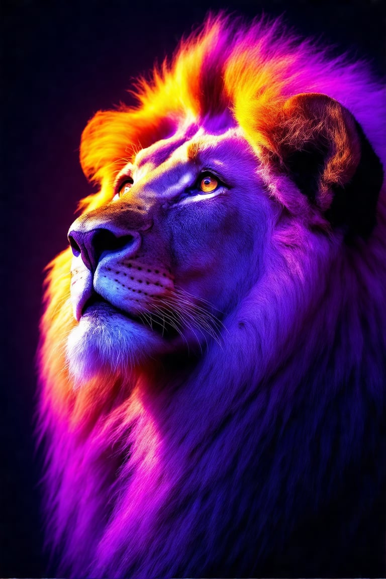 A majestic lion gazes upward, its regal mane bathed in vibrant hues of purple, orange, and pink under dramatic lighting. The intricate textures of its fur are accentuated, creating a mesmerizing contrast against the dark, shadowed background. Intense light illuminates one side of the lion's face, highlighting its focused, amber eye and prominent whiskers. The striking interplay of colors and light adds a surreal, almost dreamlike quality to the scene.